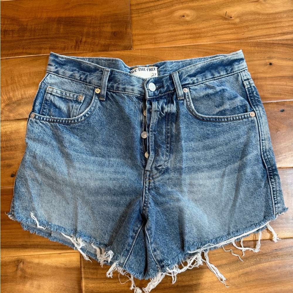 Free People Distressed Button Fly High-Rise Denim Shorts - Blue Wash